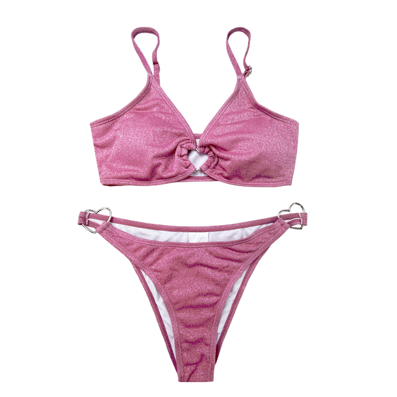 Bassons de maillots de couleur unie à deux pièces en anneau en métal