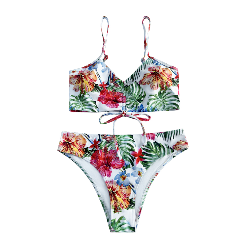 Bow plissé de style ethnique imprimé maillot de bain deux pièces