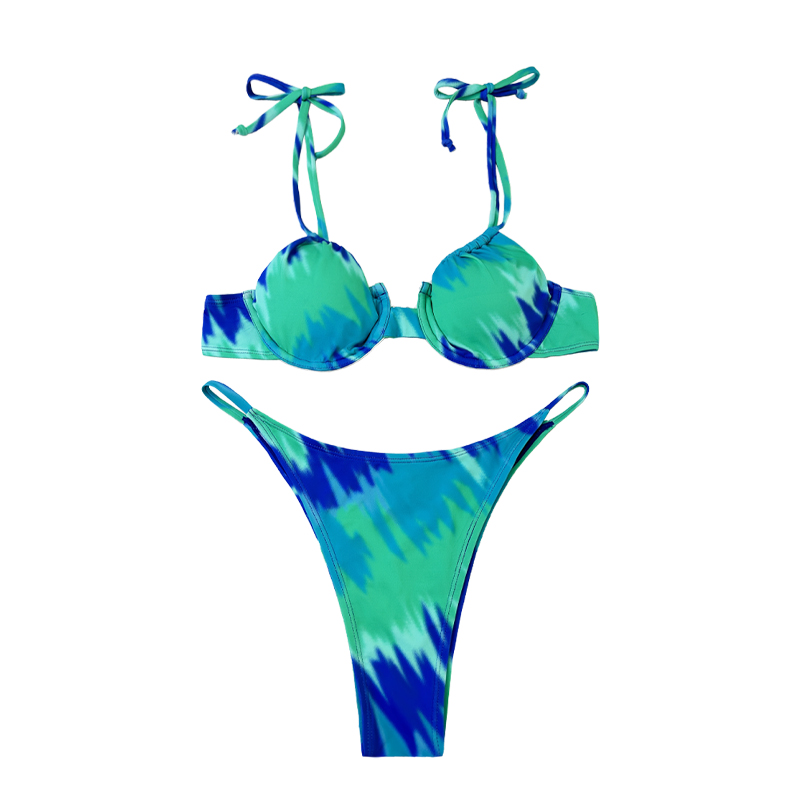 Lacet Up Halter Round Cup mignon Turquoise Print Split Swimsuit